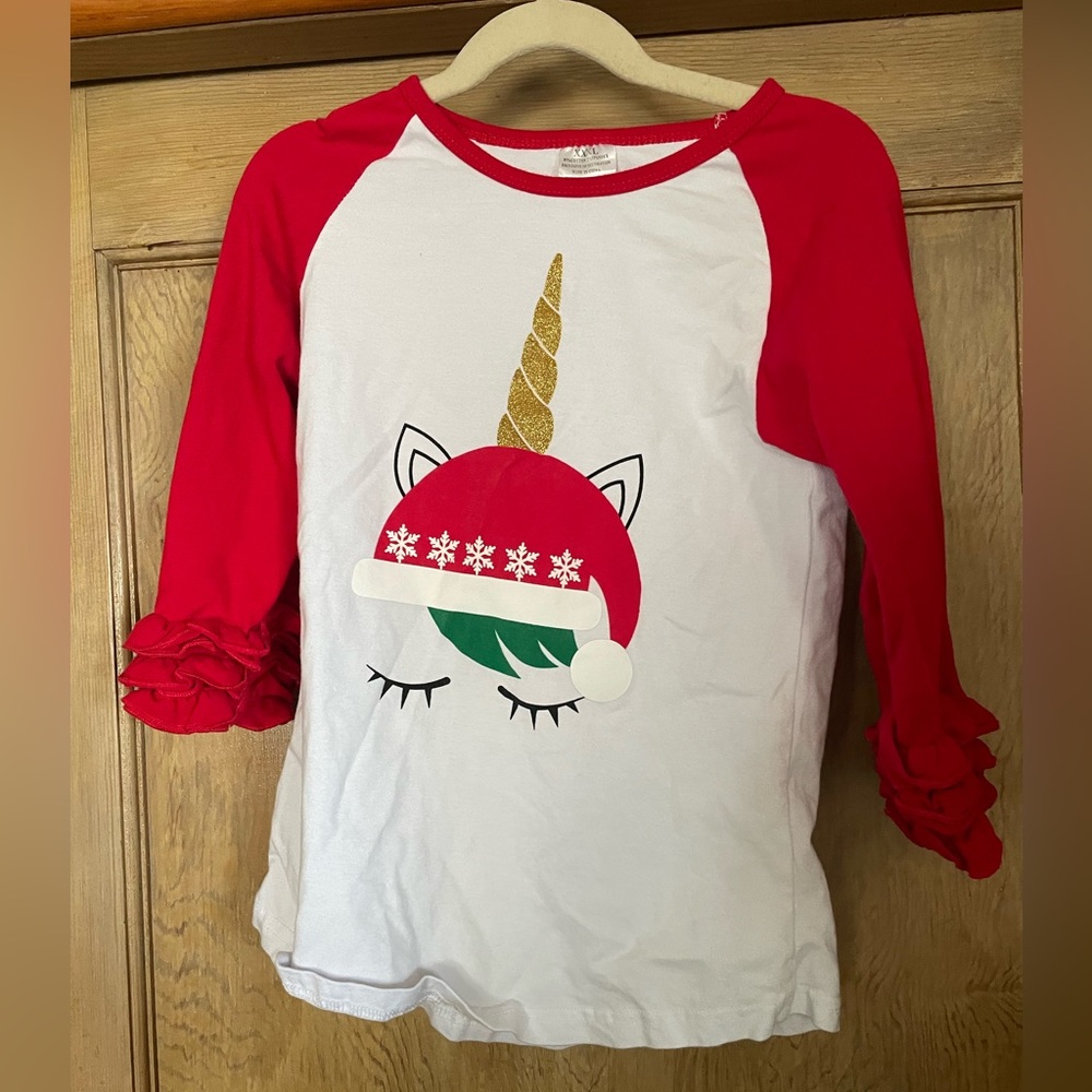 Girls Christmas Unicorn 3/4 Sleeve Shirt - Size 7/8